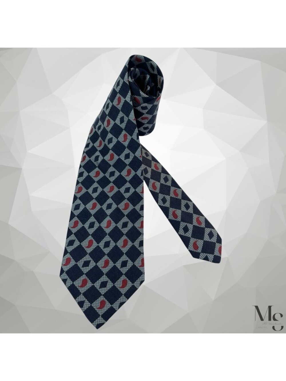 VINTAGE EMPORIO ARMANI Navy Gray Geometric Paisley Silk Tie Made In Italy NWT